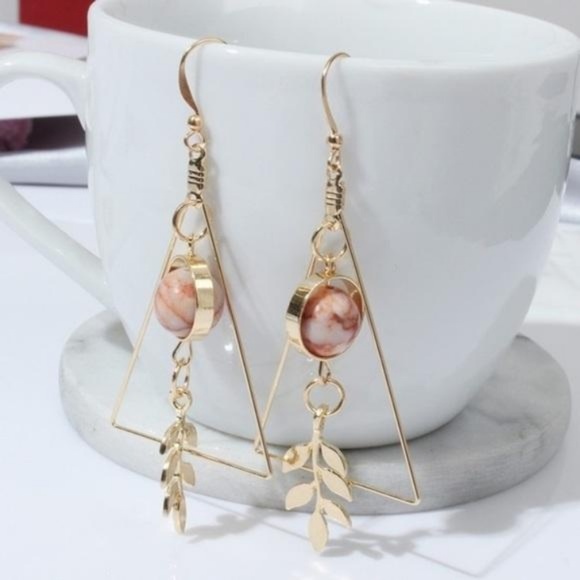 Pink & Gold Geometric Triangle Earrings - Picture 2 of 2